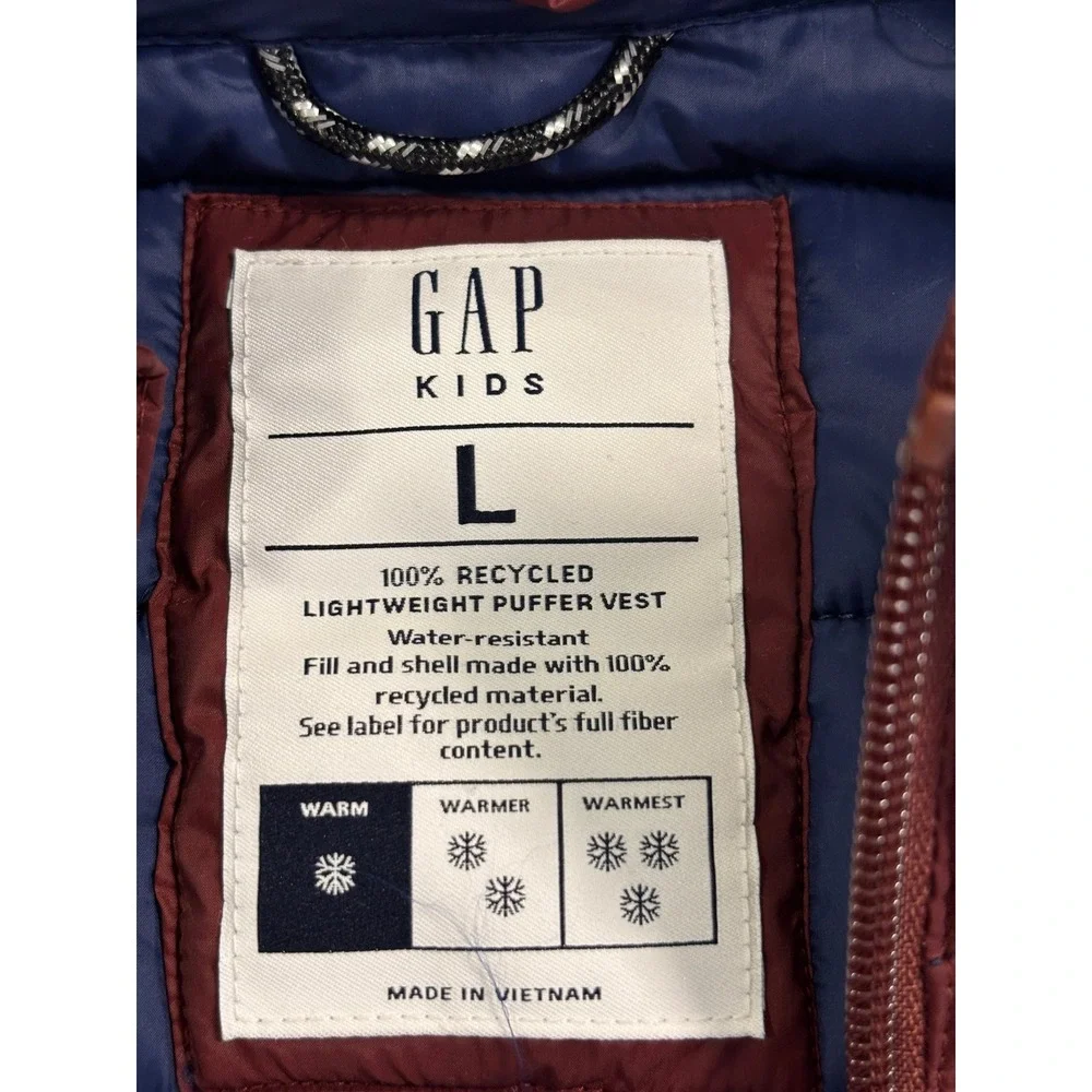 Gap Kids Boys L Lightweight Puffer Vest Burgundy Maroon Water Resistant Full Zip